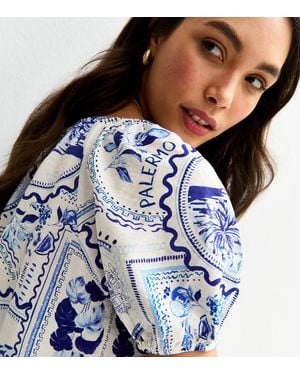 New Look Palermo Print V-Neck Top - Blue