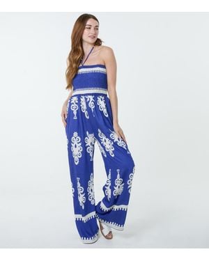 Blue Vanilla Printed Shirred Waist Jumpsuit New Look - Blue