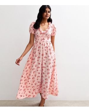 New Look Floral Print Ruffle Trim Midi Tea Dress - Pink