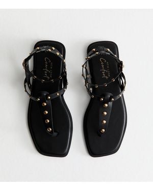 New Look Faux Leather Studded Strap Flat Sandals - Black