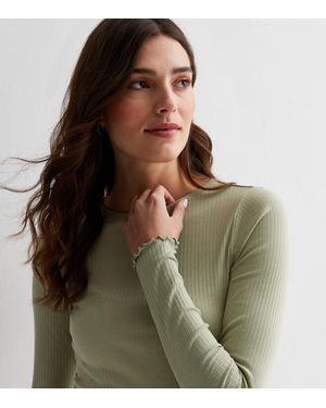 New Look Light Ribbed Frill Long Sleeve Top - Green