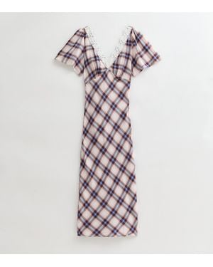 New Look Petite Checked Lace Trim Midi Dress - Purple