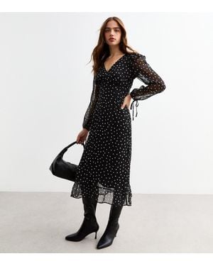 New Look Polka Dot Chiffon Midi Dress - Black