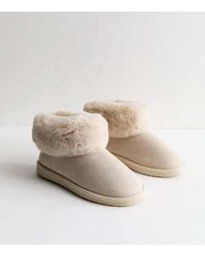 New Look Suedette Faux Fur Trim Slipper Boots - Natural