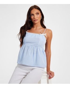 Quiz Light Gingham Print Strappy Peplum Top New Look - Blue