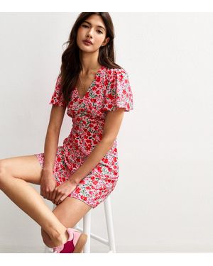 New Look Floral Print V-Neck Mini Dress - Red