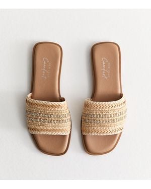 New Look Wide Fit Embellished Raffia Strap Faux Leather Mules Vegan - Natural