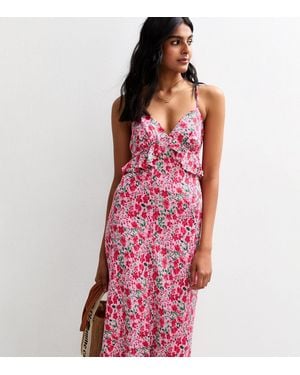 New Look Floral Print Strappy Ruffle Trim Midi Dress - Red