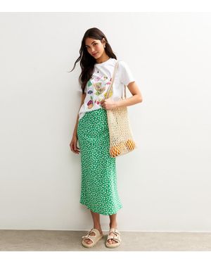 New Look Floral Print Bias Cut Midi Skirt - Green