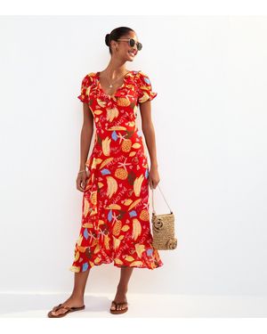 New Look Tropical Print Ruffle Trim Chiffon Midi Dress - Red