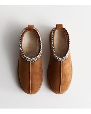 New Look Truffle Suedette Embroidered Trim Slippers - Brown