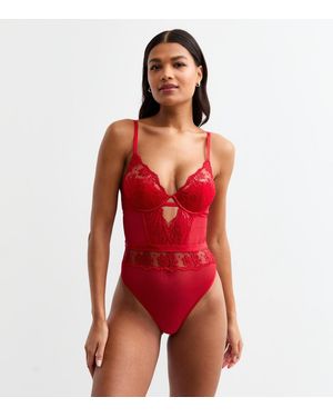 New Look Foil Floral Embroidery Mesh Thong Bodysuit - Red