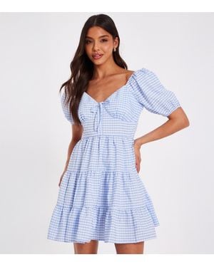 Quiz Light Gingham Check Mini Skater Dress New Look - Blue