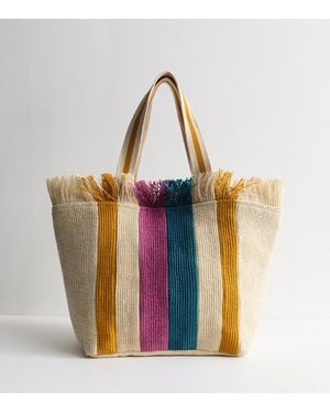 New Look Stone Striped Fringed Tote Bag - Multicolour