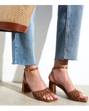 New Look Tan Faux Leather Woven Strap Block Heel Sandals Vegan - Blue