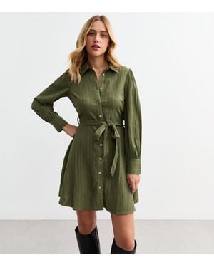 New Look Belted Crinkled Mini Shirt Dress - Green