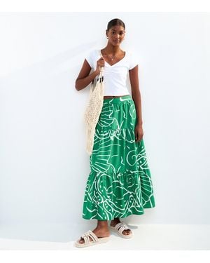 New Look Shell Print Poplin Tiered Midi Skirt - Green