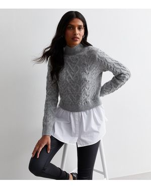 New Look Cable Knit 2-In-1 Shirt Jumper - Black