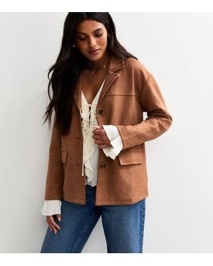 New Look Faux Suede Button Up Jacket - Brown