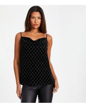 Quiz Velvet Diamanté Cowl Neck Top New Look - Black