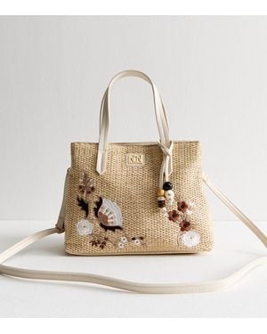 New Look Stone Floral Embroidery Woven Tote Bag - Natural