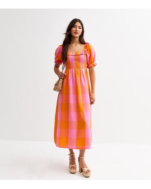 New Look Checked Shirred Bodice Midi Dress - Orange