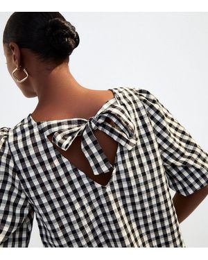 New Look Check Pattern Bow Back Puff Sleeve Top - Black