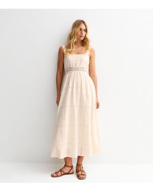 New Look Broderie Anglaise Lace Trimmed Square Neck Midi Dress - Natural