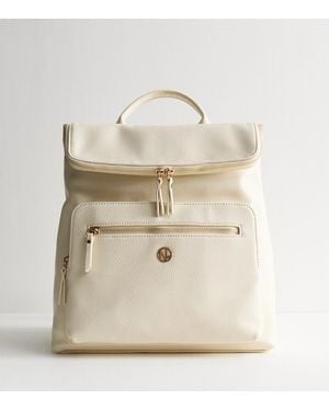 New Look Faux Leather Logo Plaque Zip Top Backpack - Natural