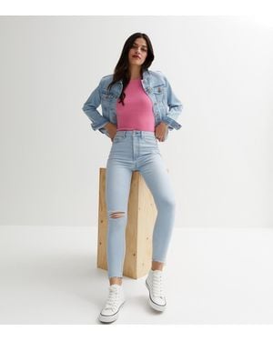 New Look Pale Ripped Knee High Waist Hallie Super Skinny Jeans - Blue