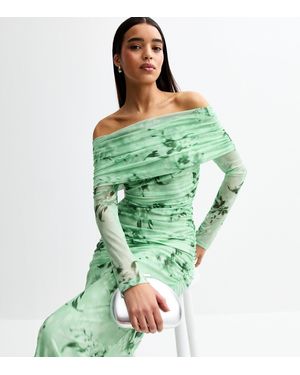 New Look Floral Print Mesh Bardot Midi Dress - Green