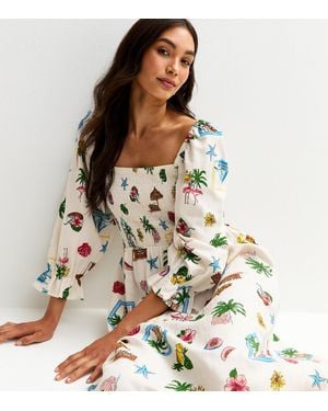 New Look Tropical Print Puff Sleeve Midi Dress - Multicolour