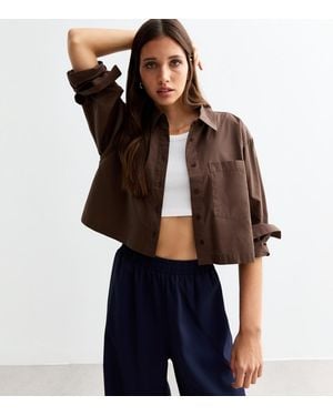 New Look Poplin Cotton Crop Shirt - Brown