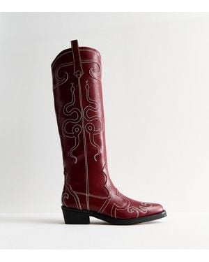 Public Desire Serpentine Knee High Cowboy Boots New Look - Red