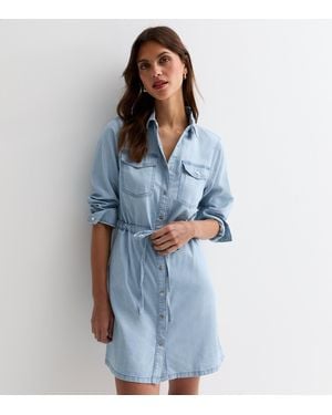 New Look Lightweight Denim Drawstring Mini Shirt Dress - Blue