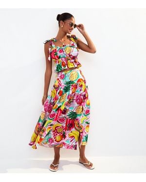 New Look Tropical Fruit Print Side Split Midi Skirt - White