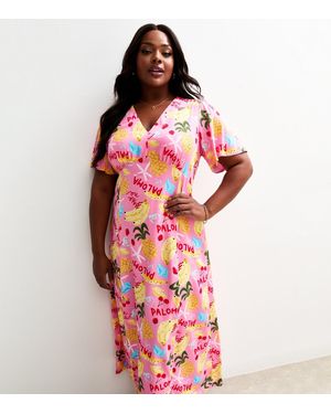 New Look Plus Size Tropical Print Short Sleeve Midi Tea Dress Curves - Red
