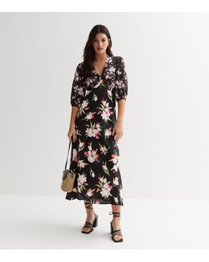 Gini London Floral V Neck Midi Dress New Look - Black