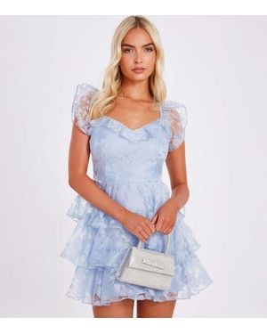 Quiz Chiffon Floral Lace Mini Dress New Look - Blue