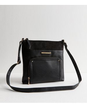 New Look Faux Leather And Suede Messenger Bag - Black