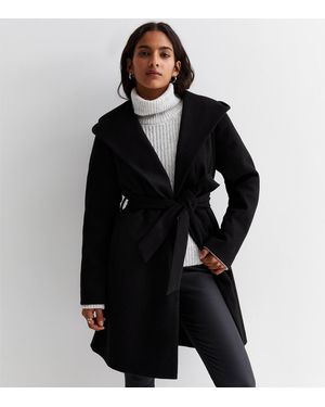New Look Petite Unlined Hooded Belted Coat - Black
