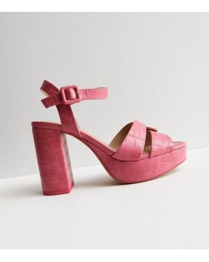 New Look Faux Croc Platform Block Heel Sandals Vegan - Pink