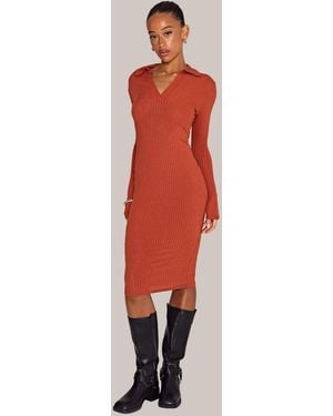 WKNDGIRL V-Neck Ribbed Midi Dress New Look - Red