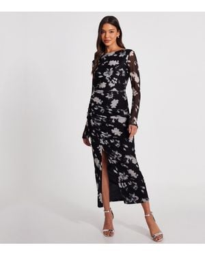 Quiz Floral Print Mesh Midi Dress New Look - Black