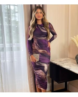 AX Paris Marble Print Long Sleeve Bodycon Midi Dress New Look - Purple