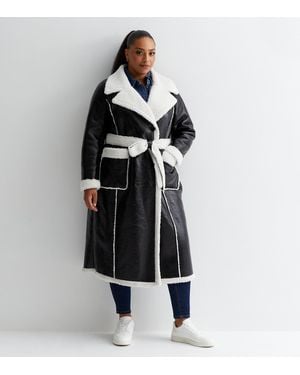 New Look Plus Size Faux Fur Trim Long Coat Curves - Black