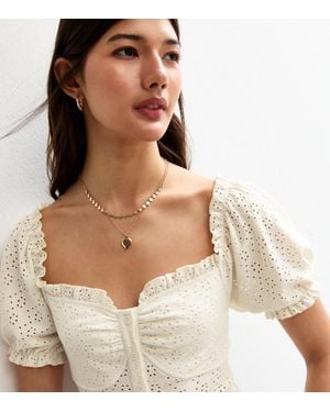 New Look Broderie Anglaise Puff Sleeve Top - Brown