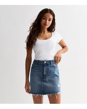 New Look Petite Distressed Denim Mini Skirt - Blue