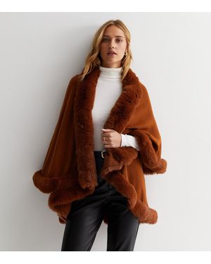 Gini London Faux Fur Trim Cape New Look - Brown