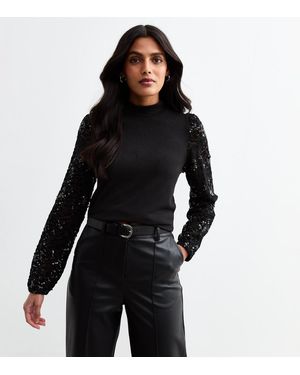 New Look Sequin Embellished Lace Sleeve Top - Black